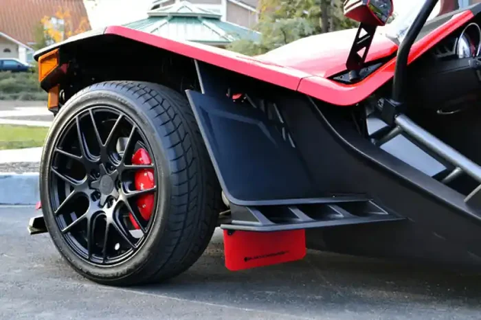 Rally Armor 15-16 Polaris Slingshot Front Black Mud Flaps Orange Logo