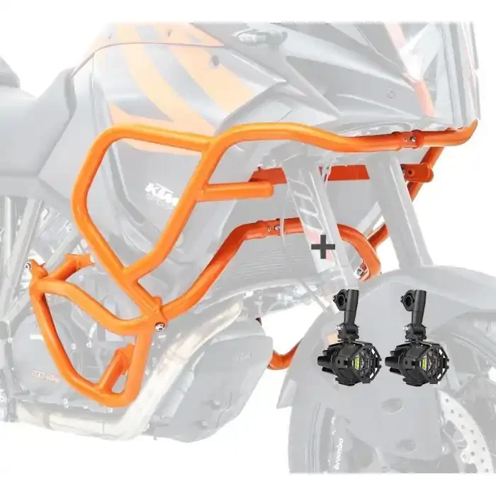 Set Engine Guard + Auxiliary lights compatible with KTM 1050 Adventure 15-16 crash bar Motoguard orange