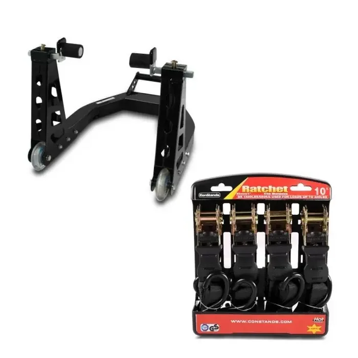 Set paddock stand Superlight Front Carbon for radial and dual calipers + Straps Set with ratchet and hooks incl 4x load loops in