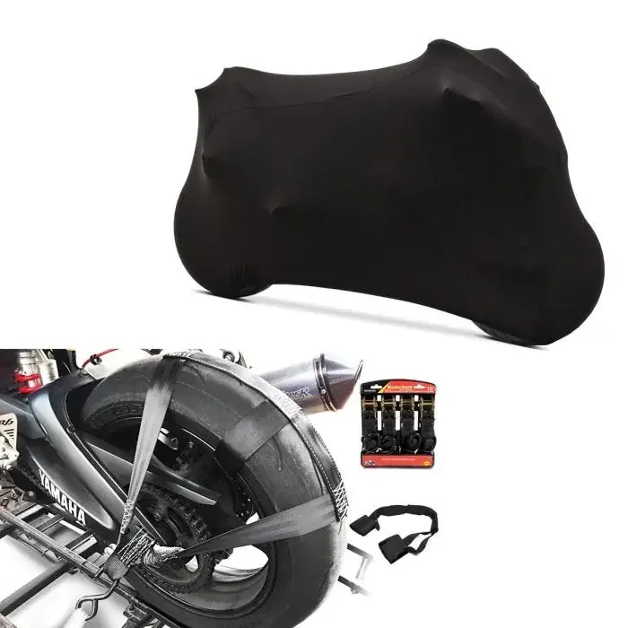 Set Rear wheel and handlebar tie-down strap set with 4x ratchet belt + tarpaulin cover Indoor M-L Stretch Garage in