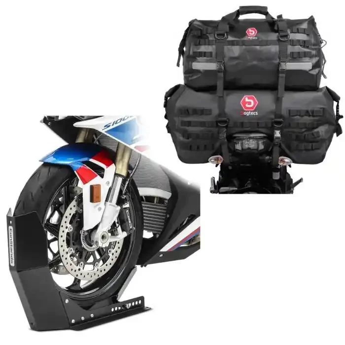 Set tail bag set SX70 + XB50 Waterproof Duffle Bag Rear Seat 120L + Wheel Chock Easy-Fix Front Stand up to 21 Inch