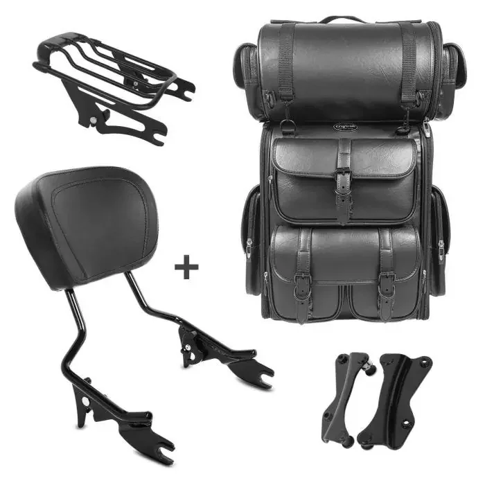 Sissy Bar AW + Tail Bag LX compatible with chopper / custombikes Special 15-19 with rear rack black Craftride