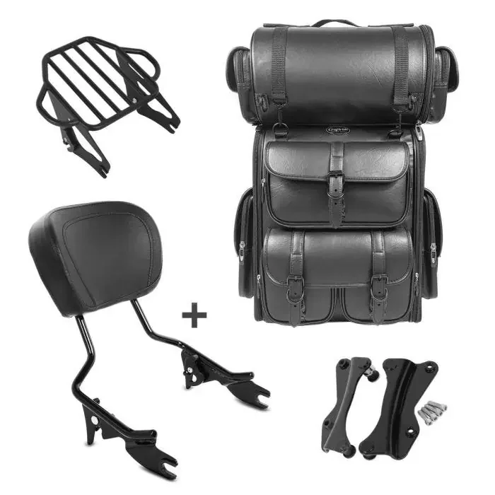Sissy Bar KI + Tail Bag LX compatible with chopper / custombikes CVO 2014 with rear rack black Craftride