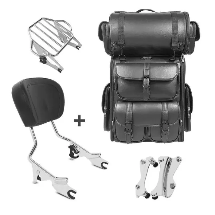 Sissy Bar KI + Tail Bag LX compatible with chopper / custombikes CVO Custom 12-13 with rear rack chrome Craftride