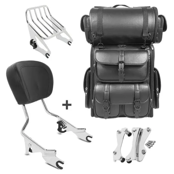 Sissy Bar W1 + Tail Bag LX compatible with chopper / custombikes Touring 09-13 with rear rack chrome Craftride